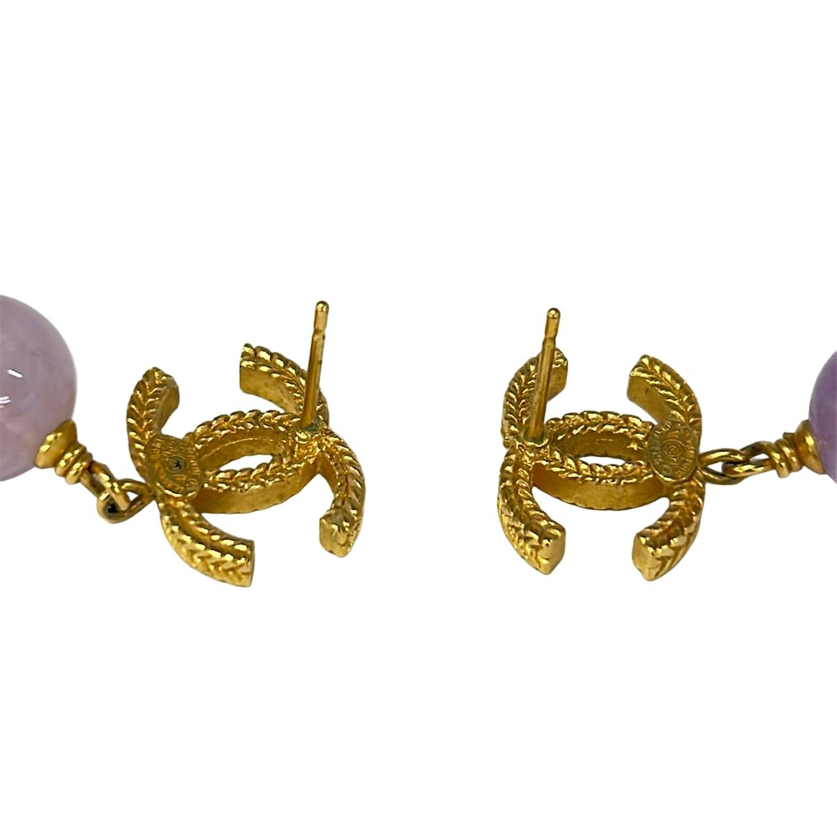 Chanel Earrings CC Logo Gold Light Purple Color Stone — view 3