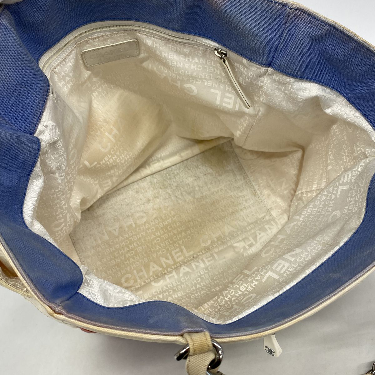 Chanel Chain Tote Bag Canvas White Blue Silver — view 4
