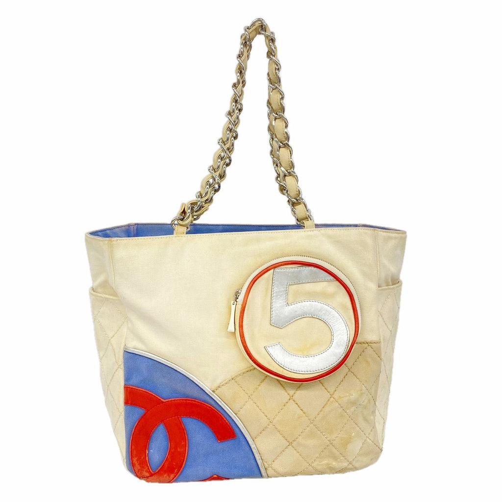 Chanel Chain Tote Bag Canvas White Blue Silver