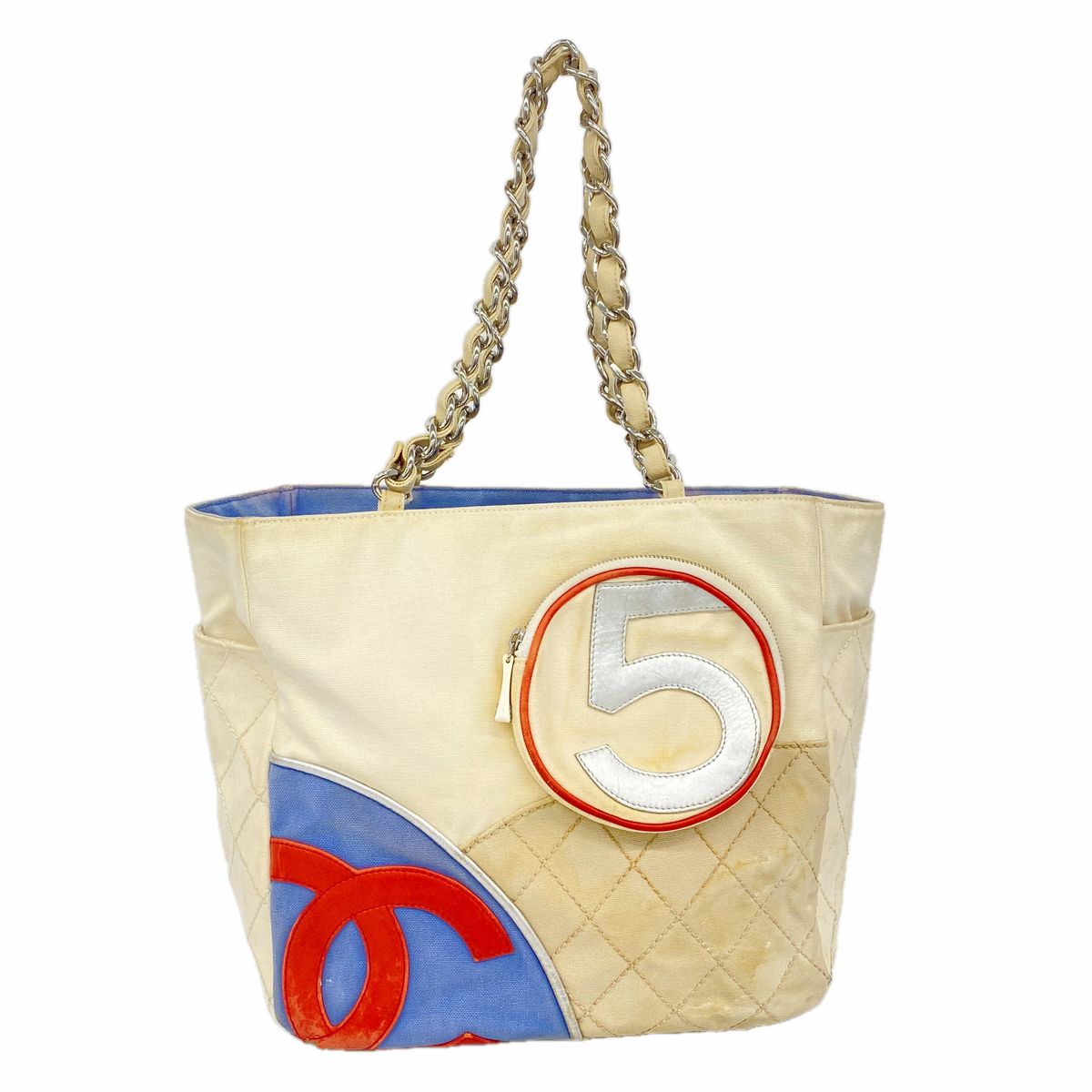 Chanel Chain Tote Bag Canvas White Blue Silver