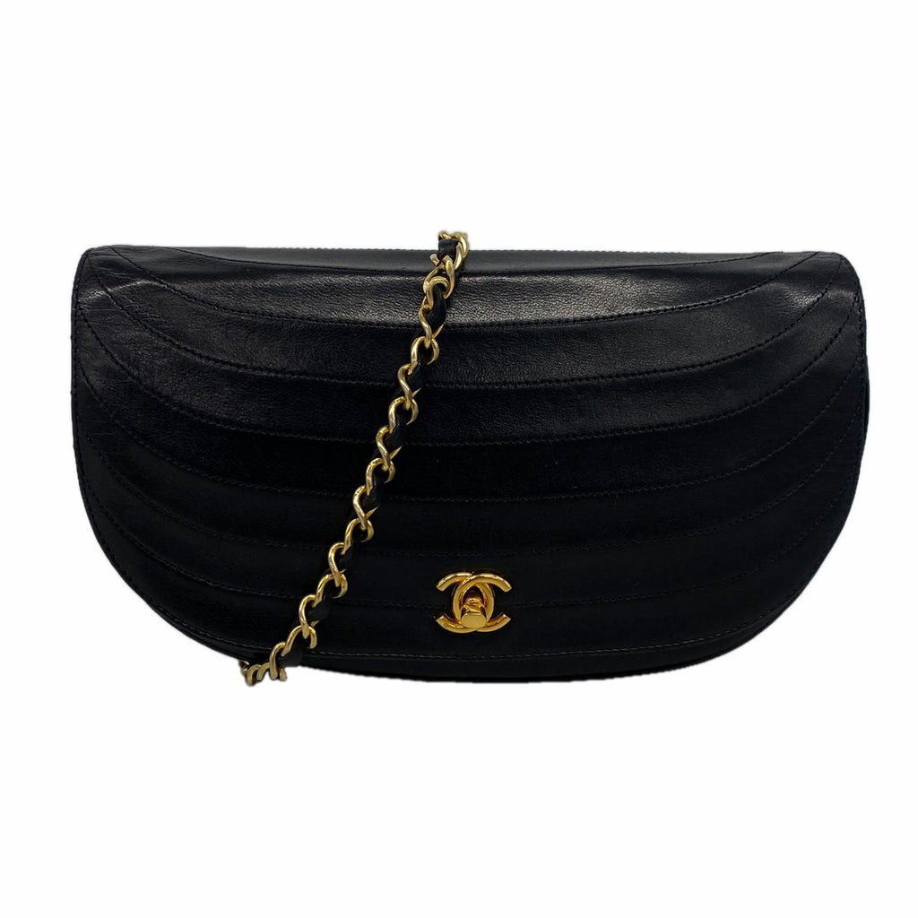Chanel Shoulder Bag Half Moon Lambskin Black Gold