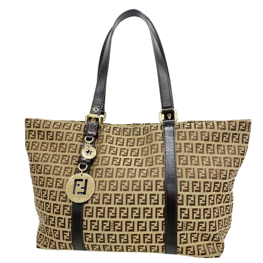 Fendi Tote Bag Zucchino Nylon Canvas Brown Champagne Gold
