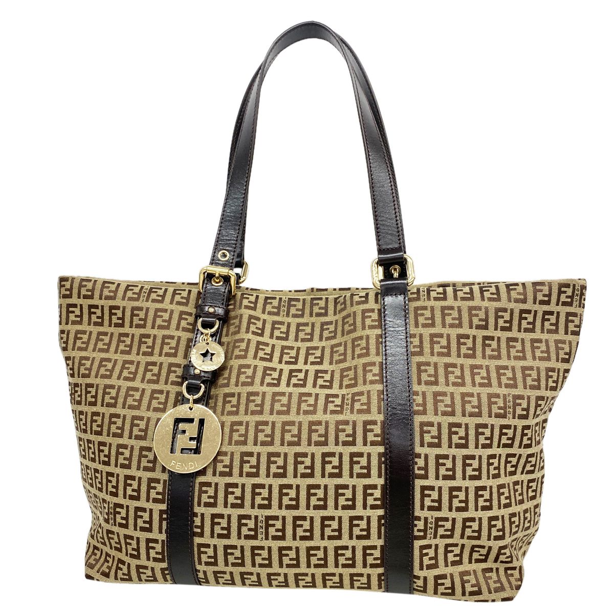 Fendi Tote Bag Zucchino Nylon Canvas Brown Champagne Gold
