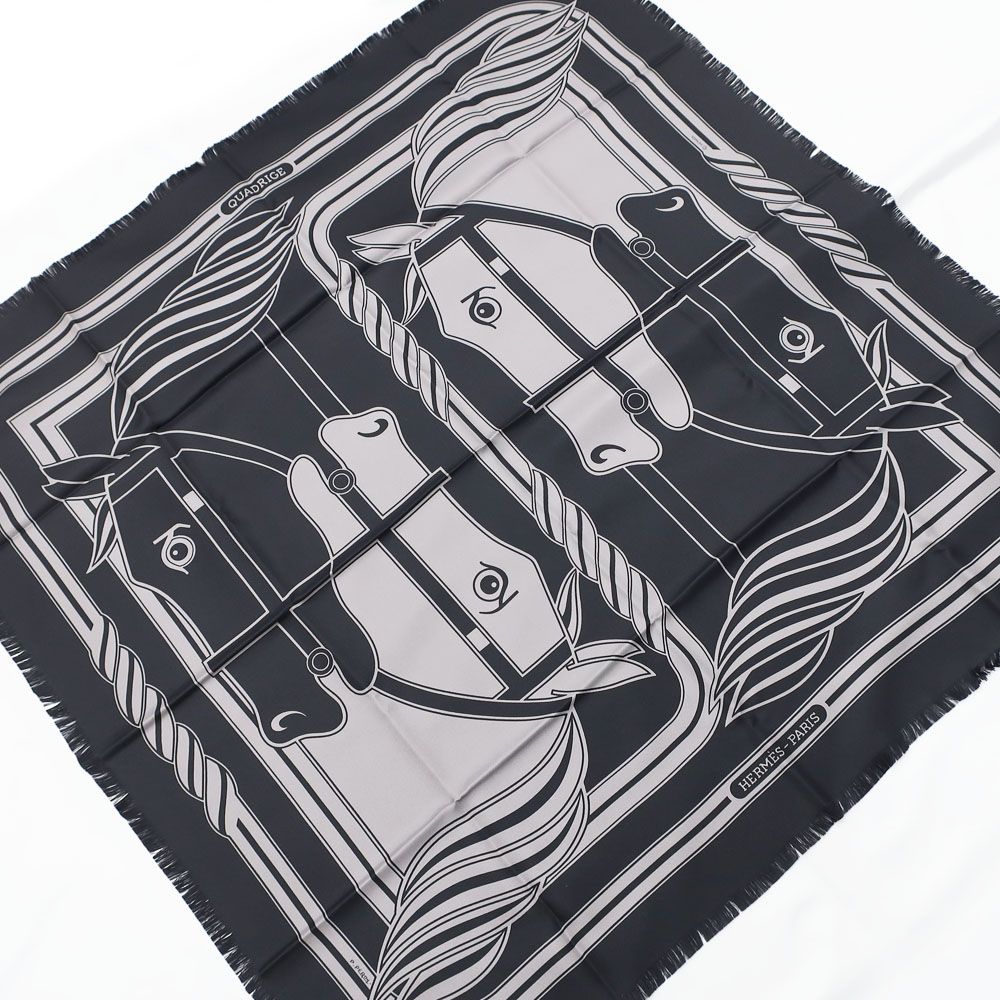 Hermes Carre H 80 Cadriage Fringe Scarf Silk Black Gray — view 3
