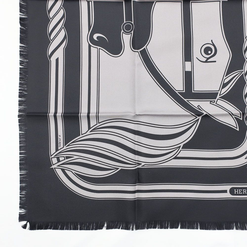 Hermes Carre H 80 Cadriage Fringe Scarf Silk Black Gray — view 7