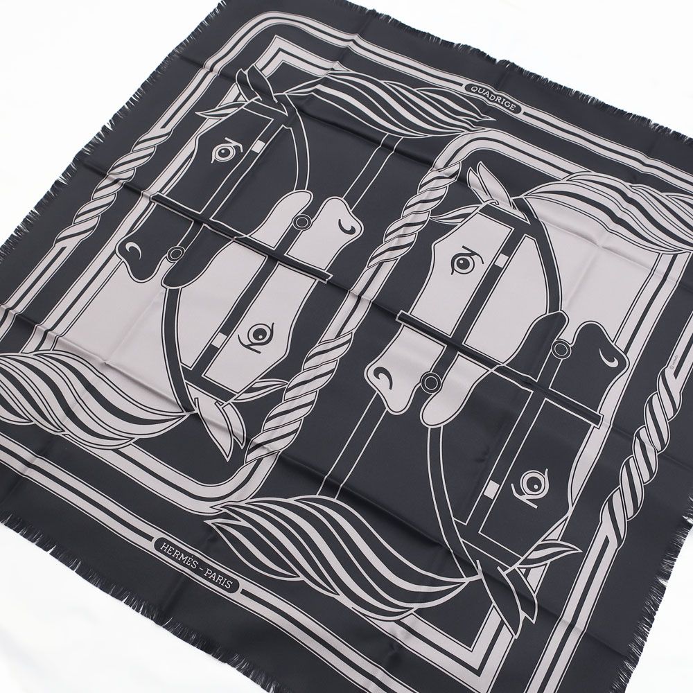 Hermes Carre H 80 Cadriage Fringe Scarf Silk Black Gray — view 2