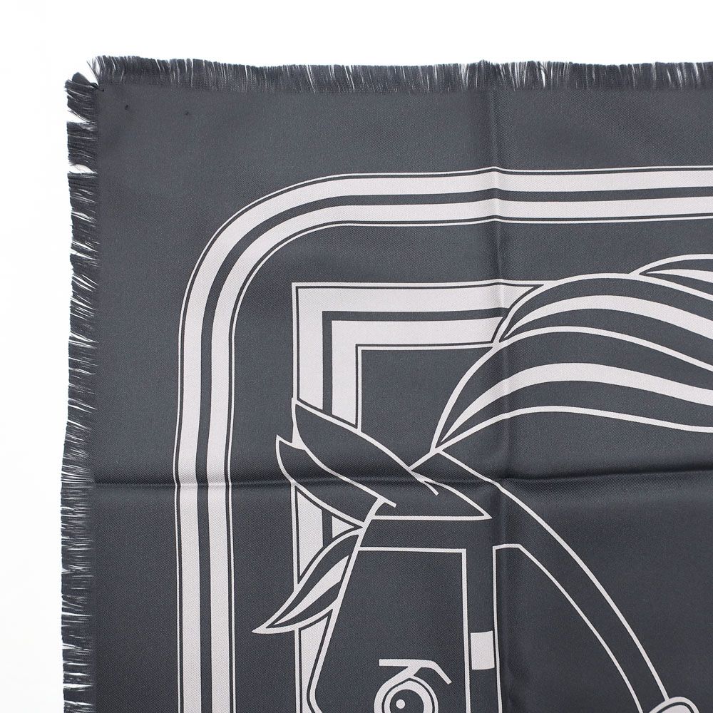 Hermes Carre H 80 Cadriage Fringe Scarf Silk Black Gray — view 6
