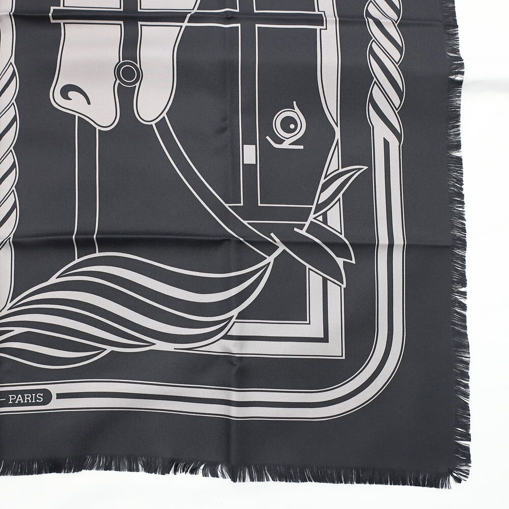 Hermes Carre H 80 Cadriage Fringe Scarf Silk Black Gray — view 8