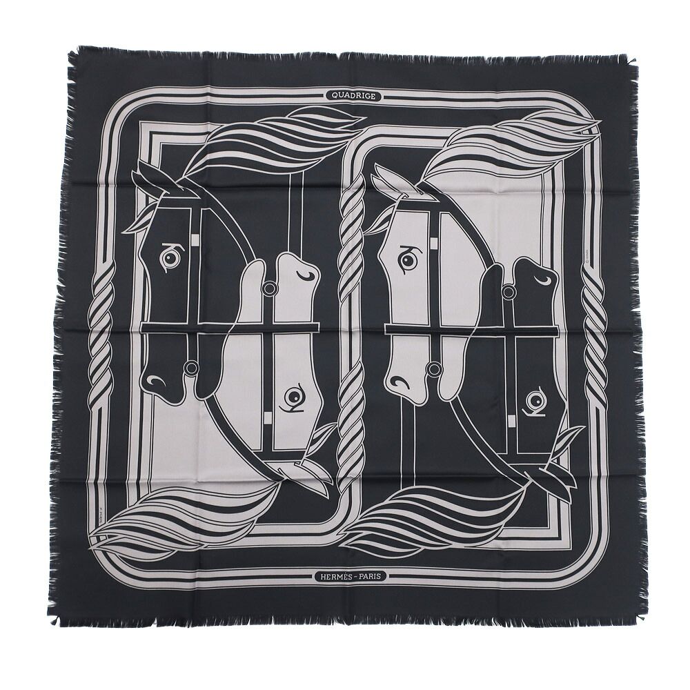 Hermes Carre H 80 Cadriage Fringe Scarf Silk Black Gray