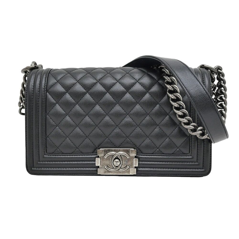 Chanel Boy 25 Chain Shoulder Bag Caviar Leather Quilted Black Gun