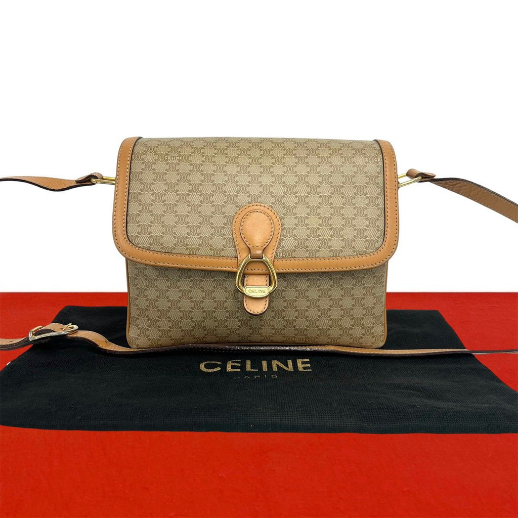 Celine Macadam Blason Logo Pattern Leather Shoulder Bag Pochette Beige Brown