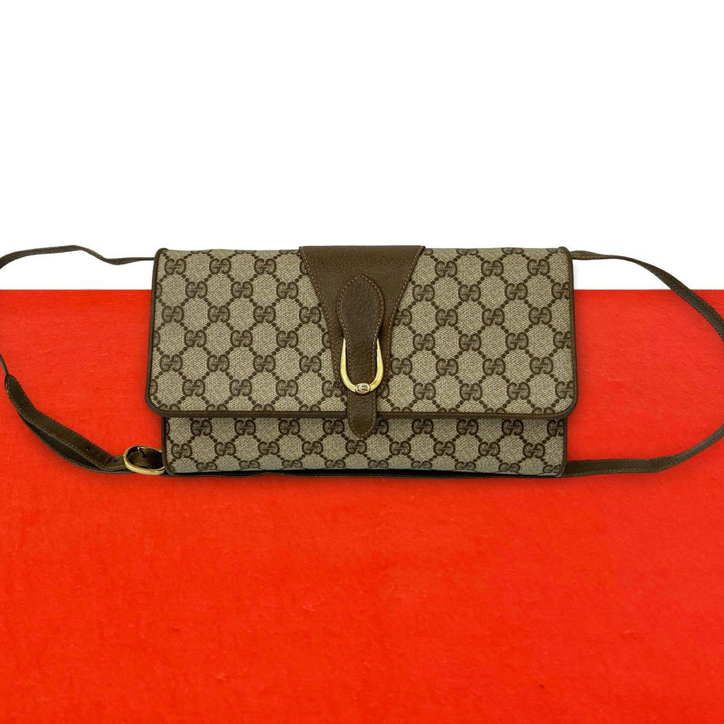 Gucci Vintage GG Logo Pattern Leather Shoulder Bag Crossbody Pochette Brown