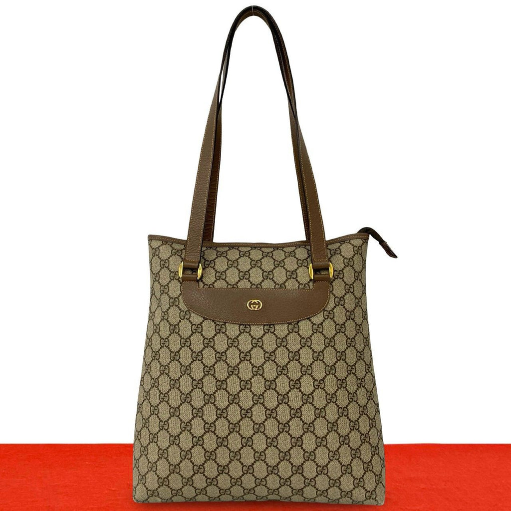 Gucci Vintage GG Logo Pattern Leather Tote Shoulder Bag Brown