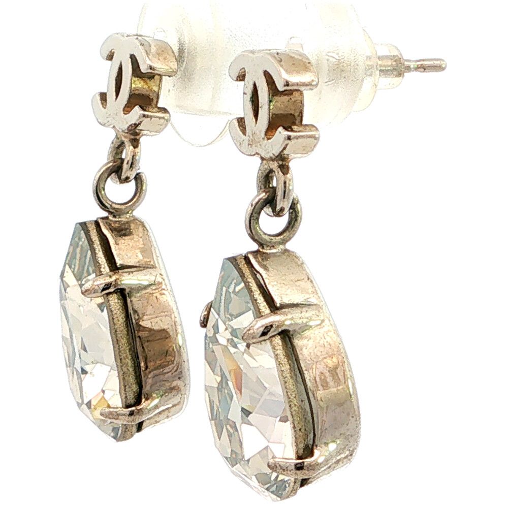 Chanel CC Logo Pear Shape Rhinestone Alloy Earrings Plated Silver — view 2