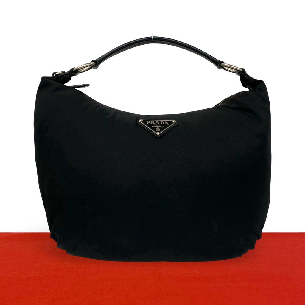 Prada Triangle Logo Tessuto Nylon Saffiano Leather Shoulder Bag Tote Black