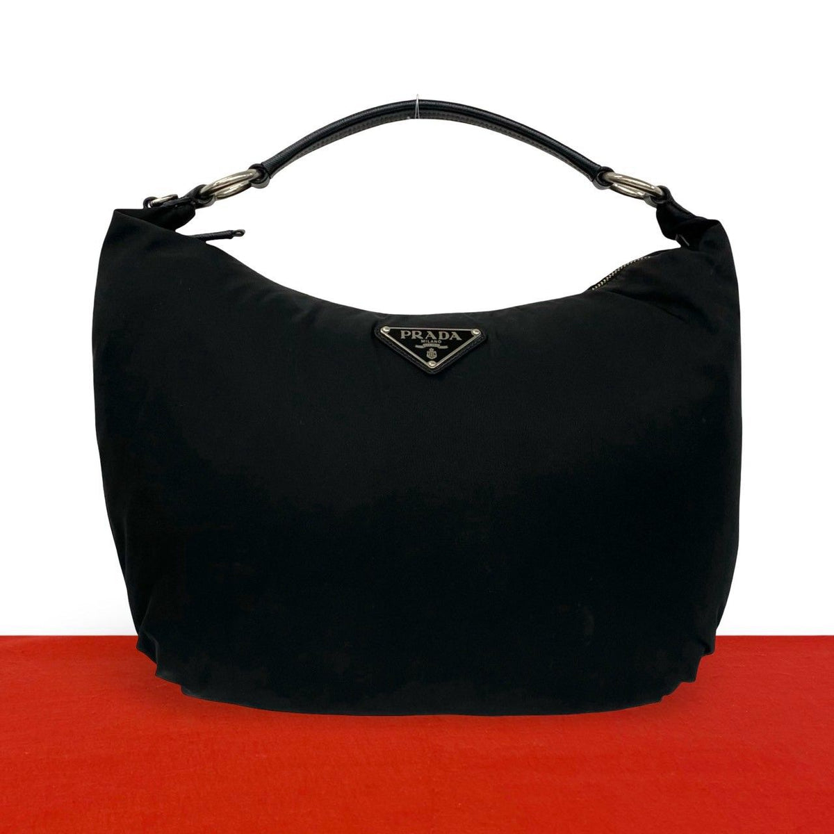 Prada Triangle Logo Tessuto Nylon Saffiano Leather Shoulder Bag Tote Black