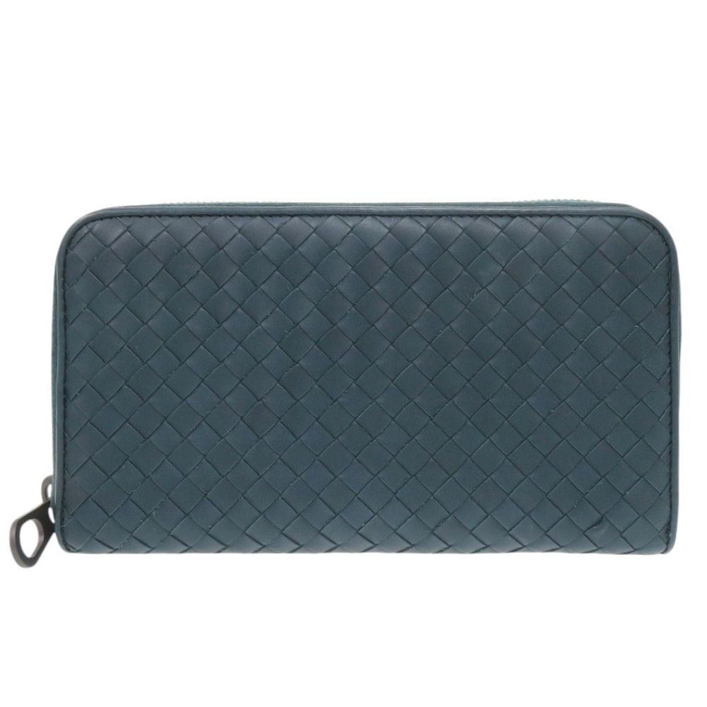 Bottega Veneta Zip Around Intrecciato Leather Blue Wallet