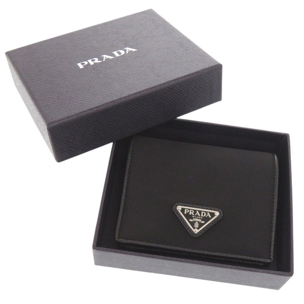 Prada Triangle Logo Nylon Saffiano Leather Black Bifold Wallet — view 2