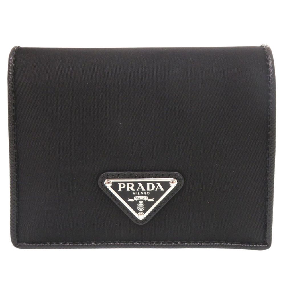 Prada Triangle Logo Nylon Saffiano Leather Black Bifold Wallet