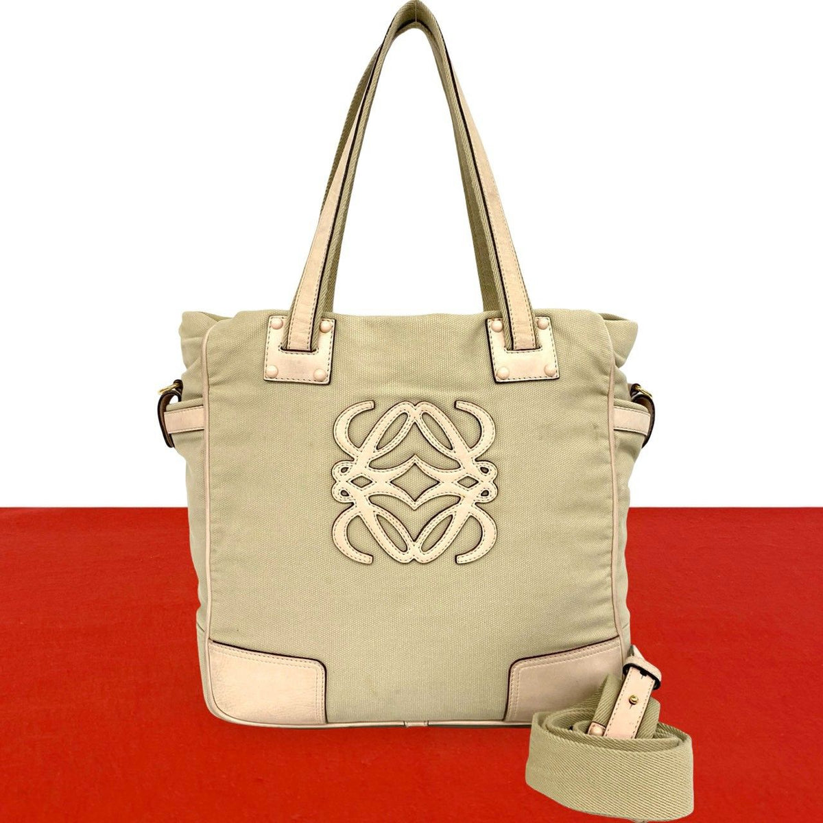 Loewe Anagram Canvas Leather 2-Way Shoulder Bag Tote Beige Pink