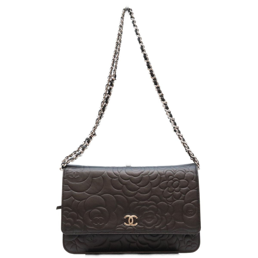 Chanel Black Lambskin Silver Camellia Chain Wallet Shoulder Bag