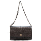 Chanel Black Lambskin Silver Camellia Chain Wallet Shoulder Bag