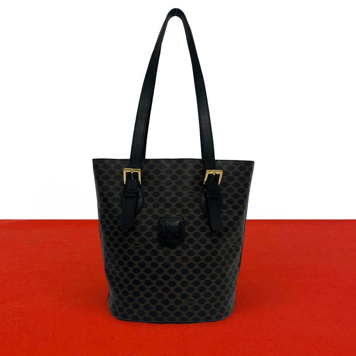 Celine Vintage Macadam Blason Logo Pattern Leather Tote Bag Black Brown