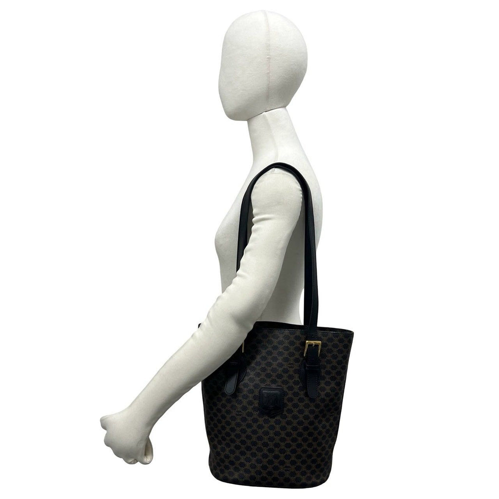 Celine Vintage Macadam Blason Logo Pattern Leather Tote Bag Black Brown — view 2