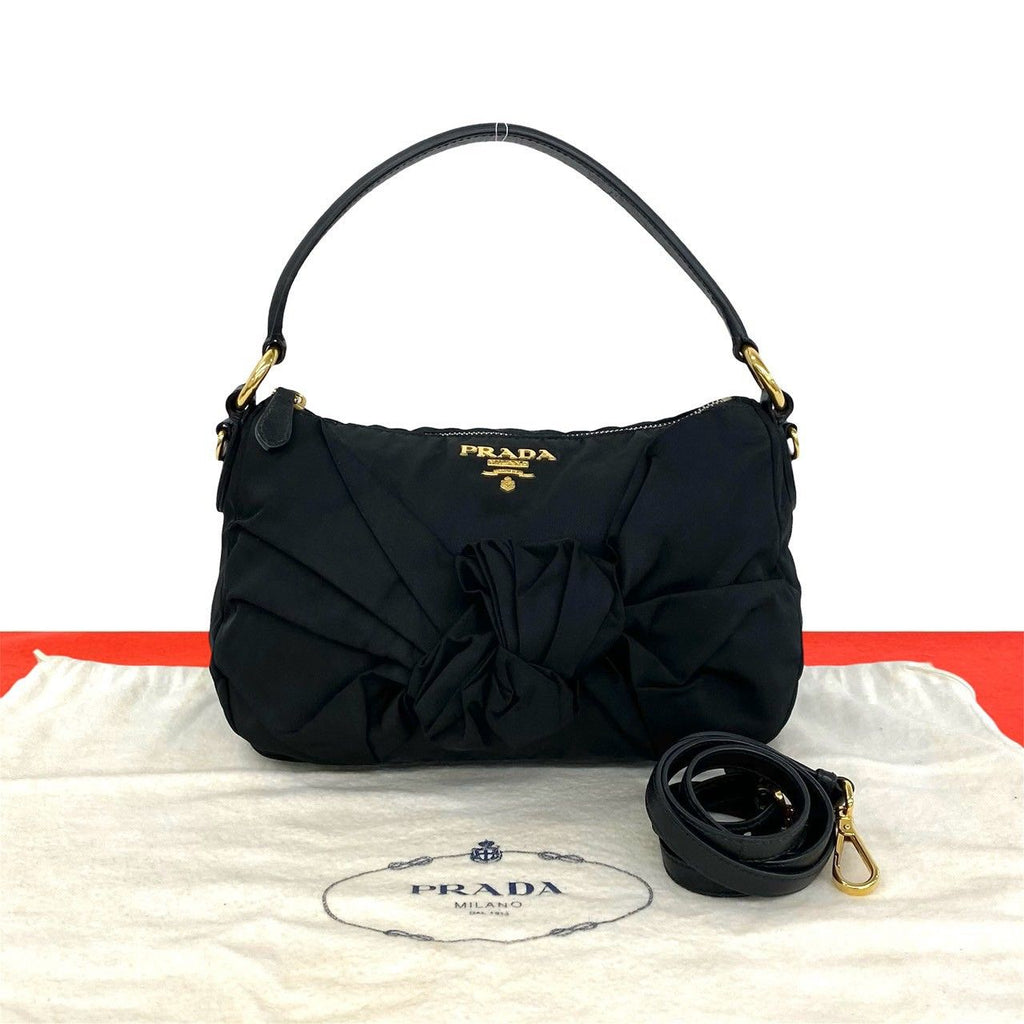 Prada Logo Tessuto Pocono Nylon Leather 2-Way Shoulder Bag Black