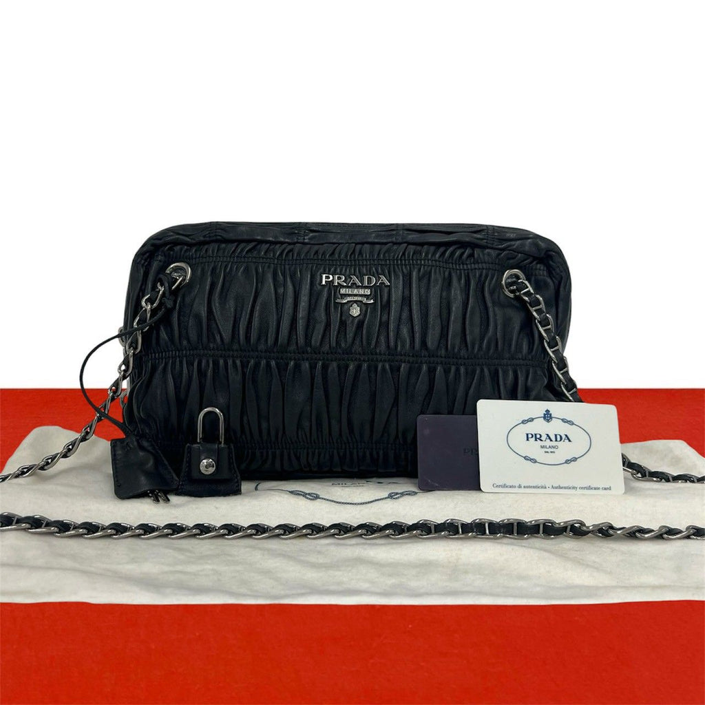 Prada Logo Gathered Leather Chain Shoulder Bag Black