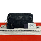 Prada Logo Gathered Leather Chain Shoulder Bag Black