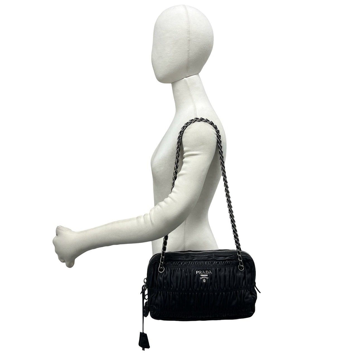 Prada Logo Gathered Leather Chain Shoulder Bag Black — view 2