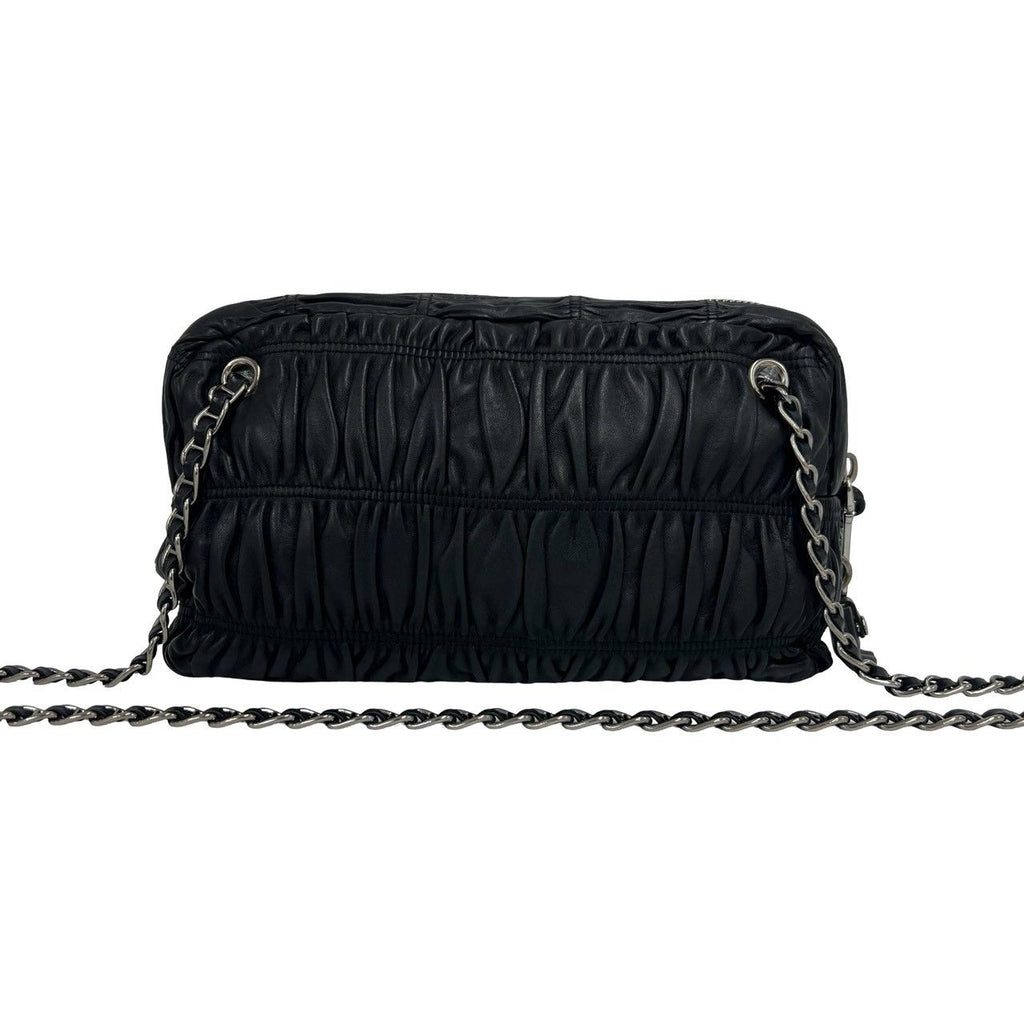 Prada Logo Gathered Leather Chain Shoulder Bag Black — view 3