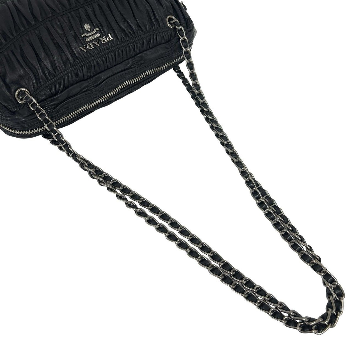 Prada Logo Gathered Leather Chain Shoulder Bag Black — view 4
