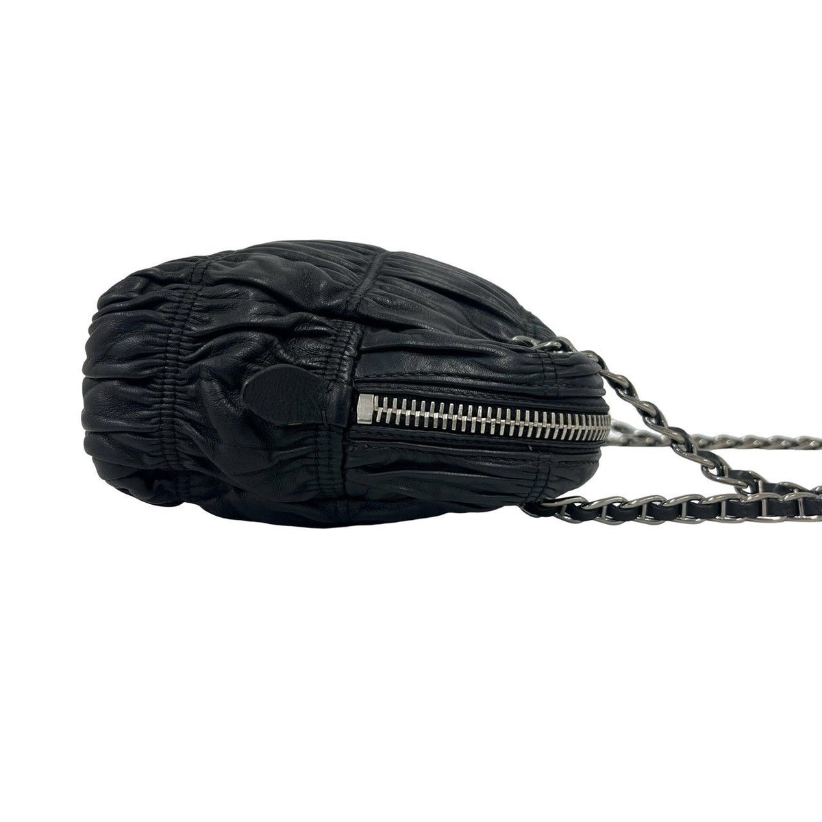 Prada Logo Gathered Leather Chain Shoulder Bag Black — view 6
