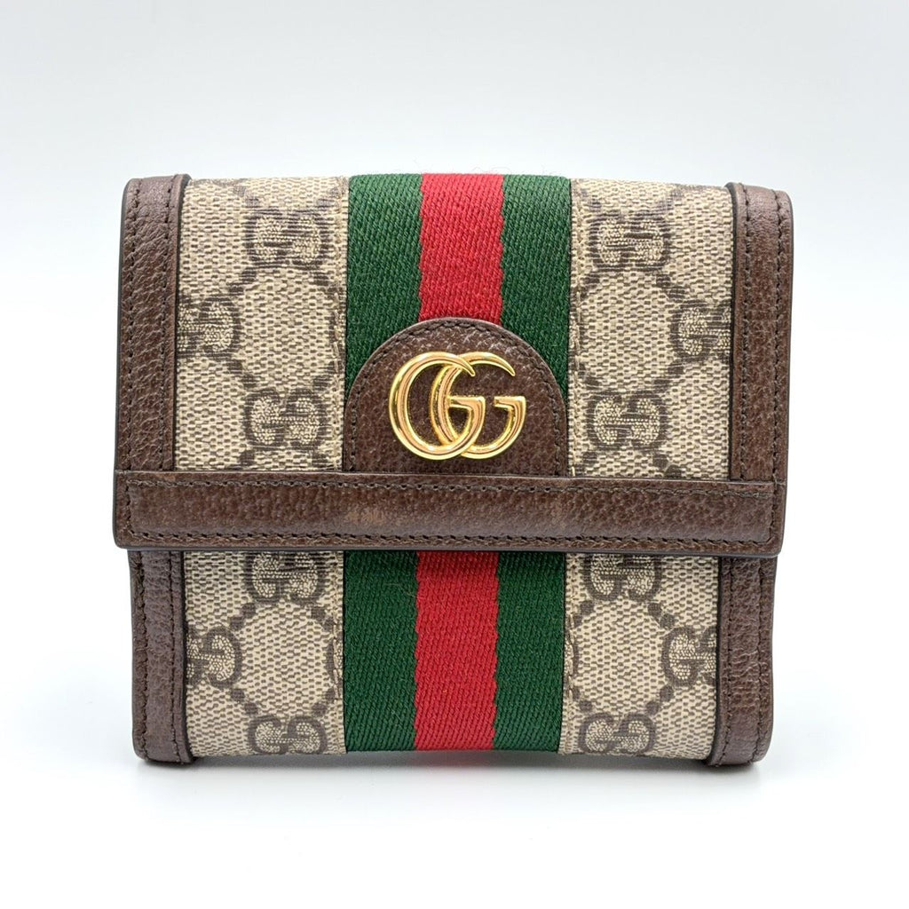 Gucci Ophidia GG French Flap Wallet Leather Brown Beige Bifold Gold