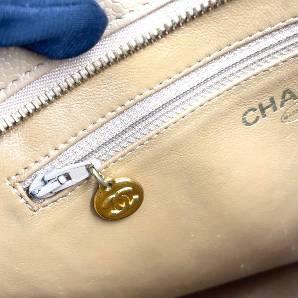 Chanel CC Logo Reprint Caviar Leather Beige Tote Bag Gold — view 8