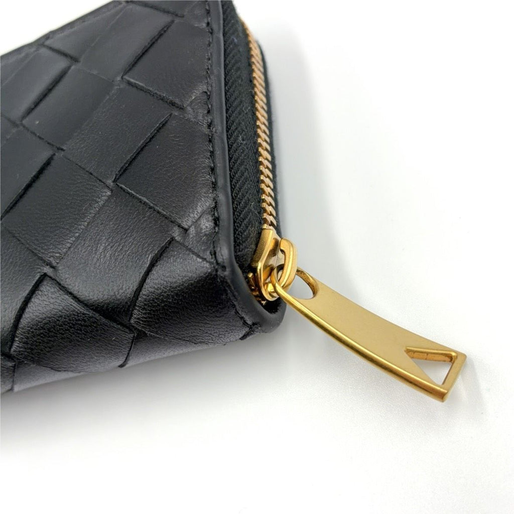 Bottega Veneta Intrecciato Zip Coin Purse Leather Black Wallet Gold — view 7
