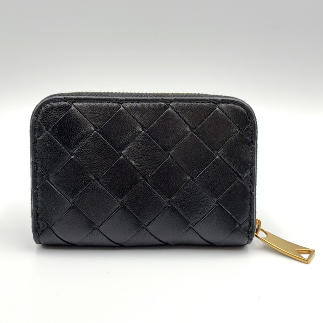 Bottega Veneta Intrecciato Zip Coin Purse Leather Black Wallet Gold