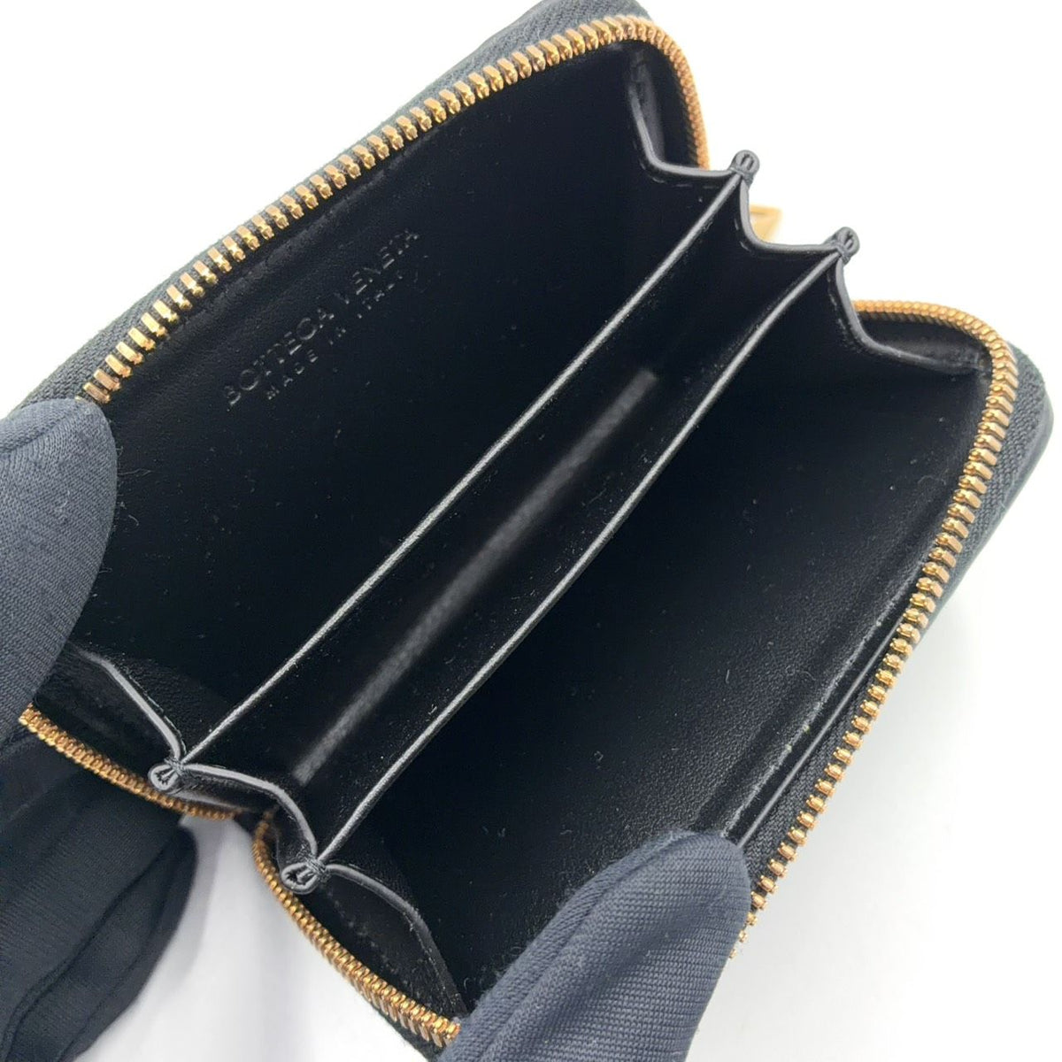 Bottega Veneta Intrecciato Zip Coin Purse Leather Black Wallet Gold — view 3