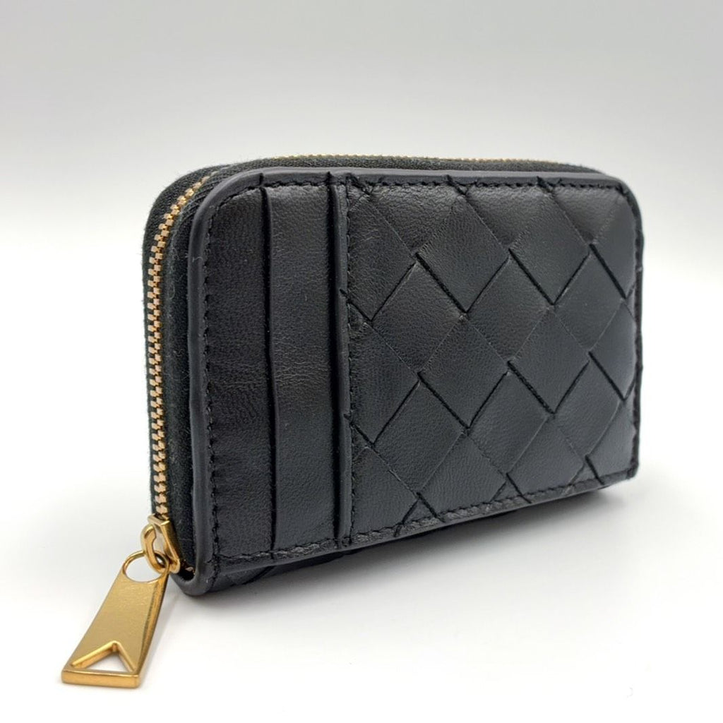Bottega Veneta Intrecciato Zip Coin Purse Leather Black Wallet Gold — view 2