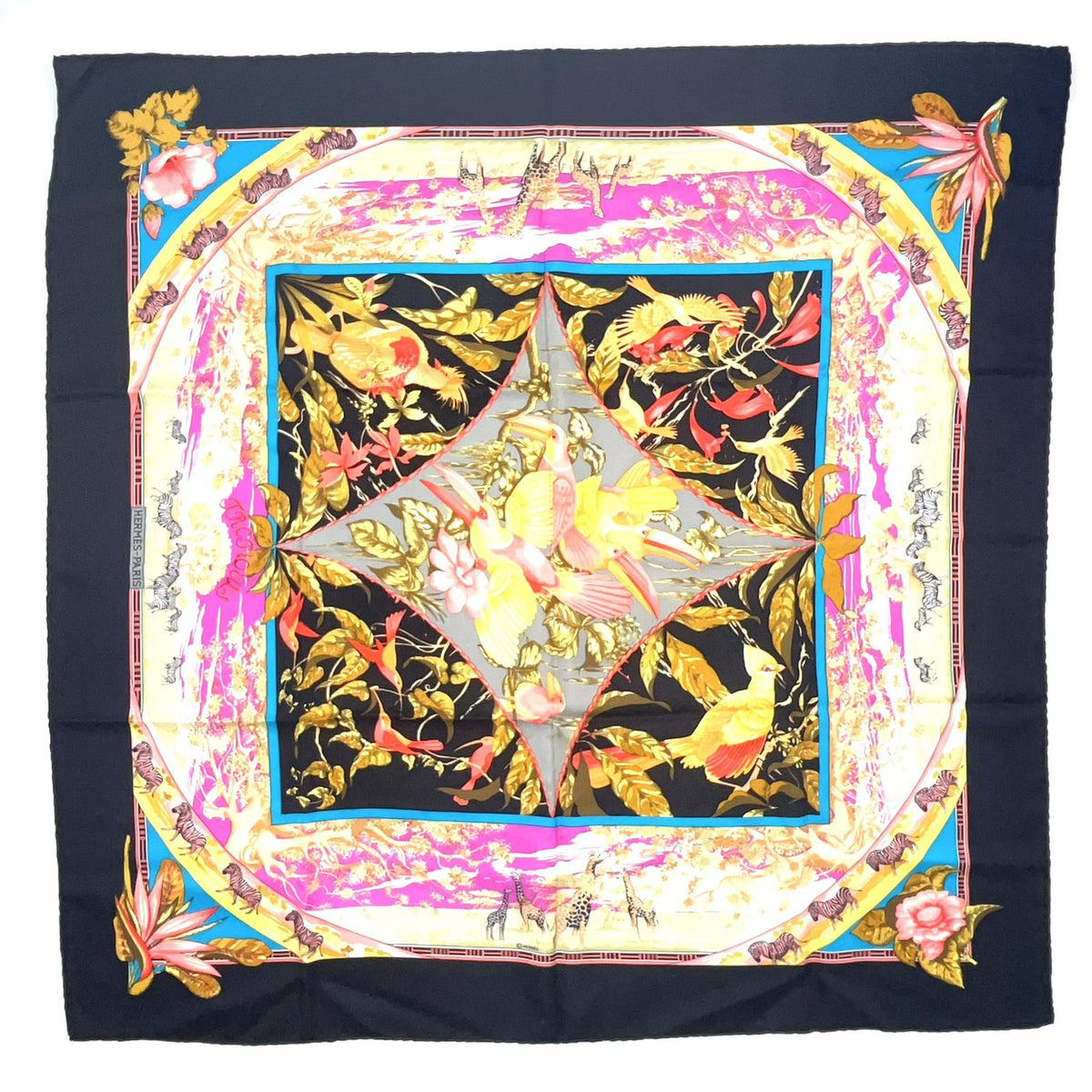 Hermes Tropicana Carre 90 Silk Black Multicolor Scarf