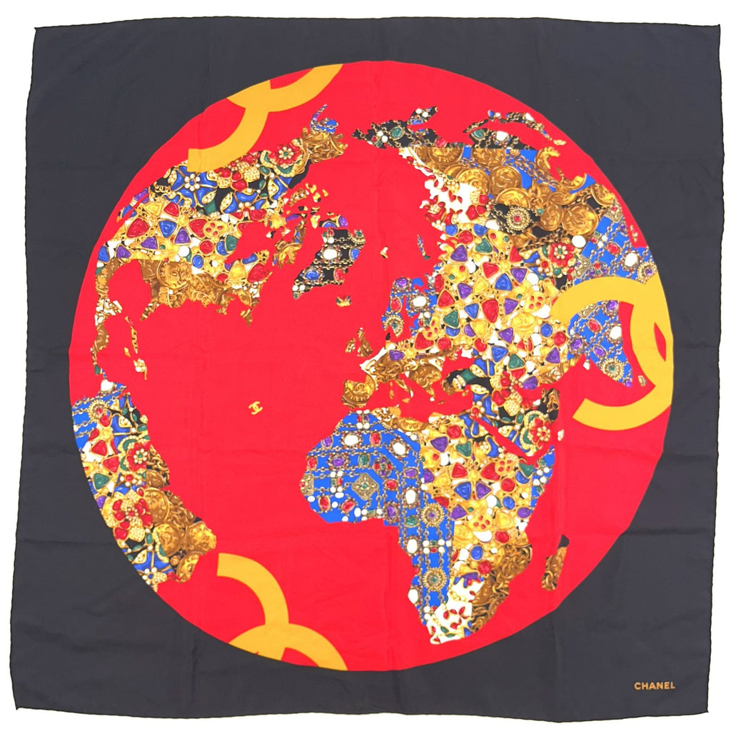 Chanel Globe Gem Pattern Large Silk Yellow Black Red Scarf