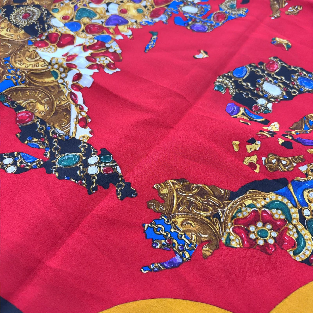 Chanel Globe Gem Pattern Large Silk Yellow Black Red Scarf — view 5