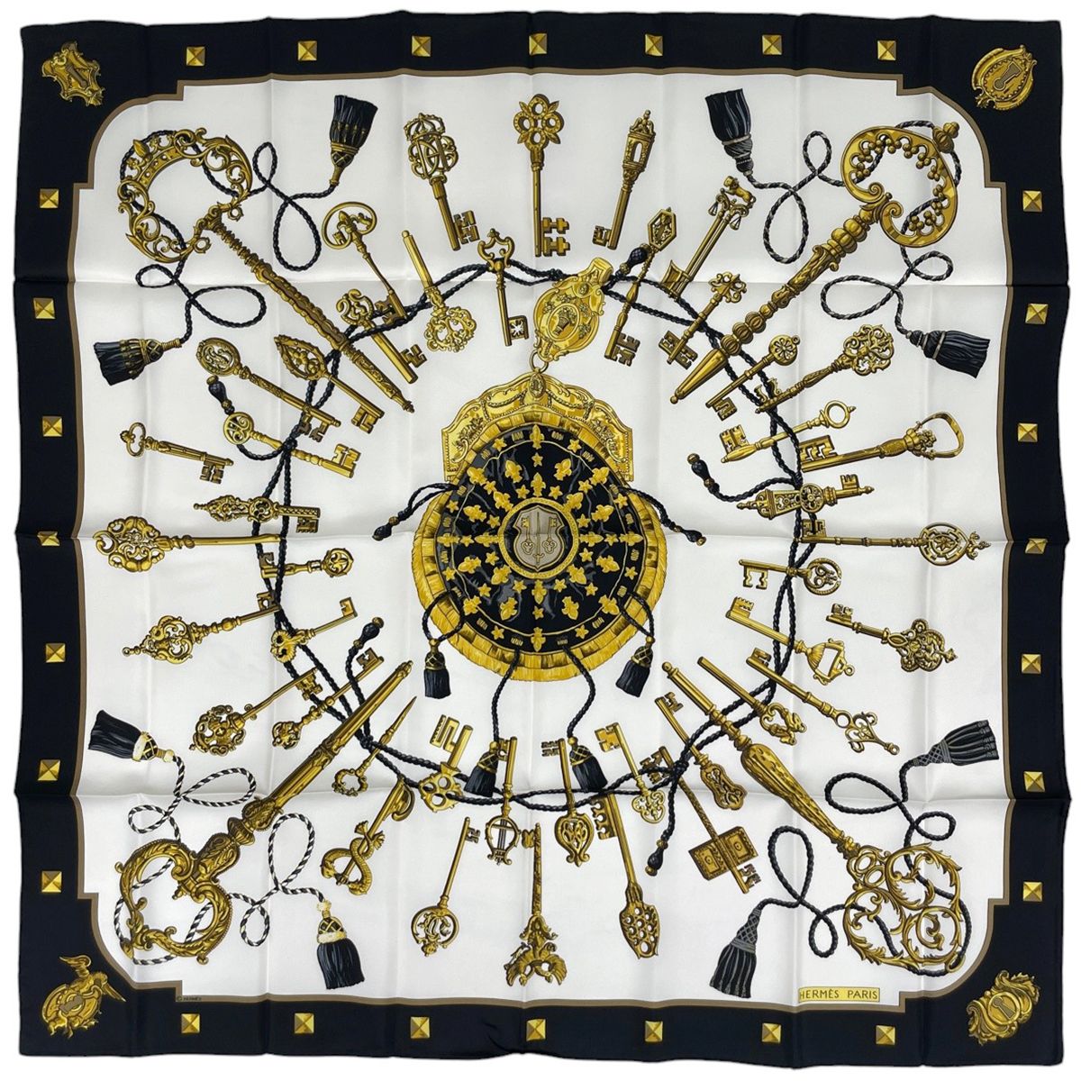 Hermes Carre 90 les Cles the Keys Rare Scarf Key Pattern Silk Black