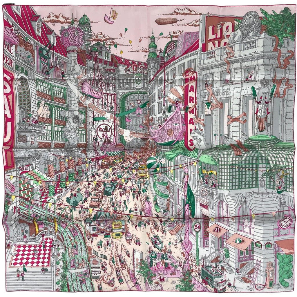 Hermes Carre 90 le Grand Prix AU Faubourg Scarf of Silk Pink Multicolor
