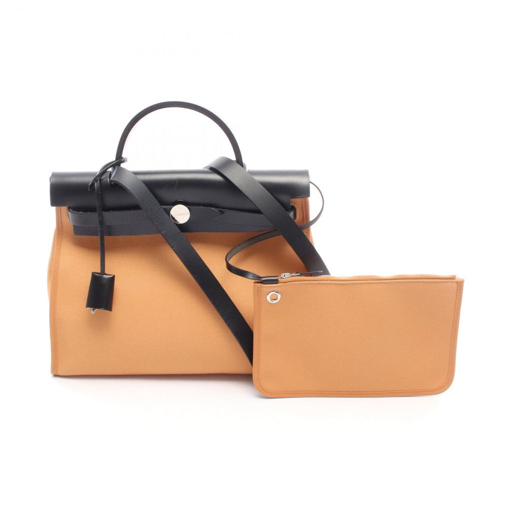 Hermes Handbag Herbag Zip PM Natural Sable Black Canvas Leather PM