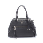Prada Handbag Vitello Phenix Black Leather Metal Logo 2-Way Tote
