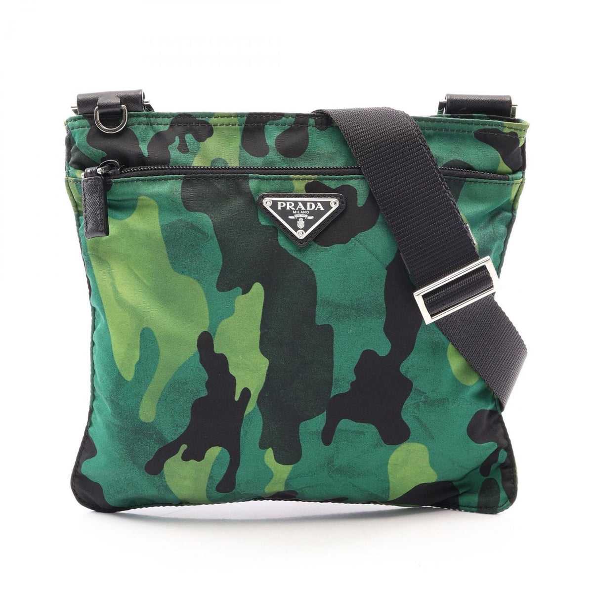 Prada Shoulder Bag Triangle Logo Camouflage Green Nylon Saffiano Leather
