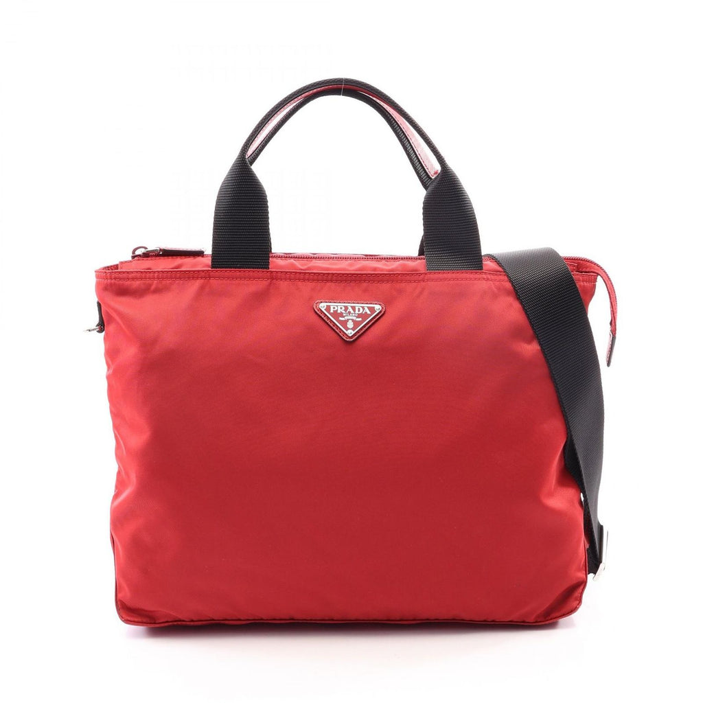 Prada Tote Bag Triangle Logo 2-Way Red Nylon Saffiano Leather